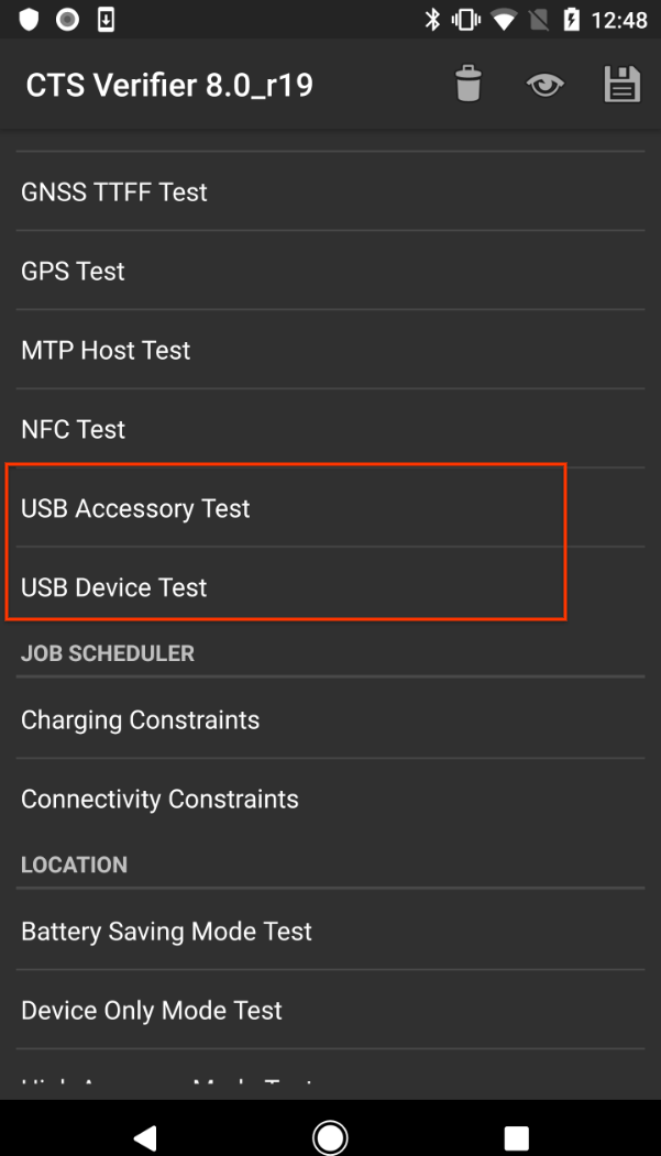 Teste de acessório usb CTS Verifier