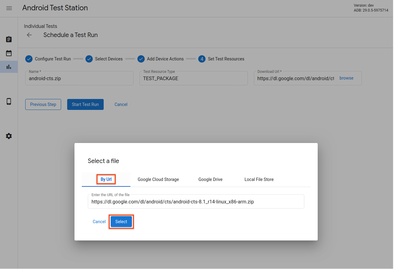 Seletor de recursos de teste - URL da Web