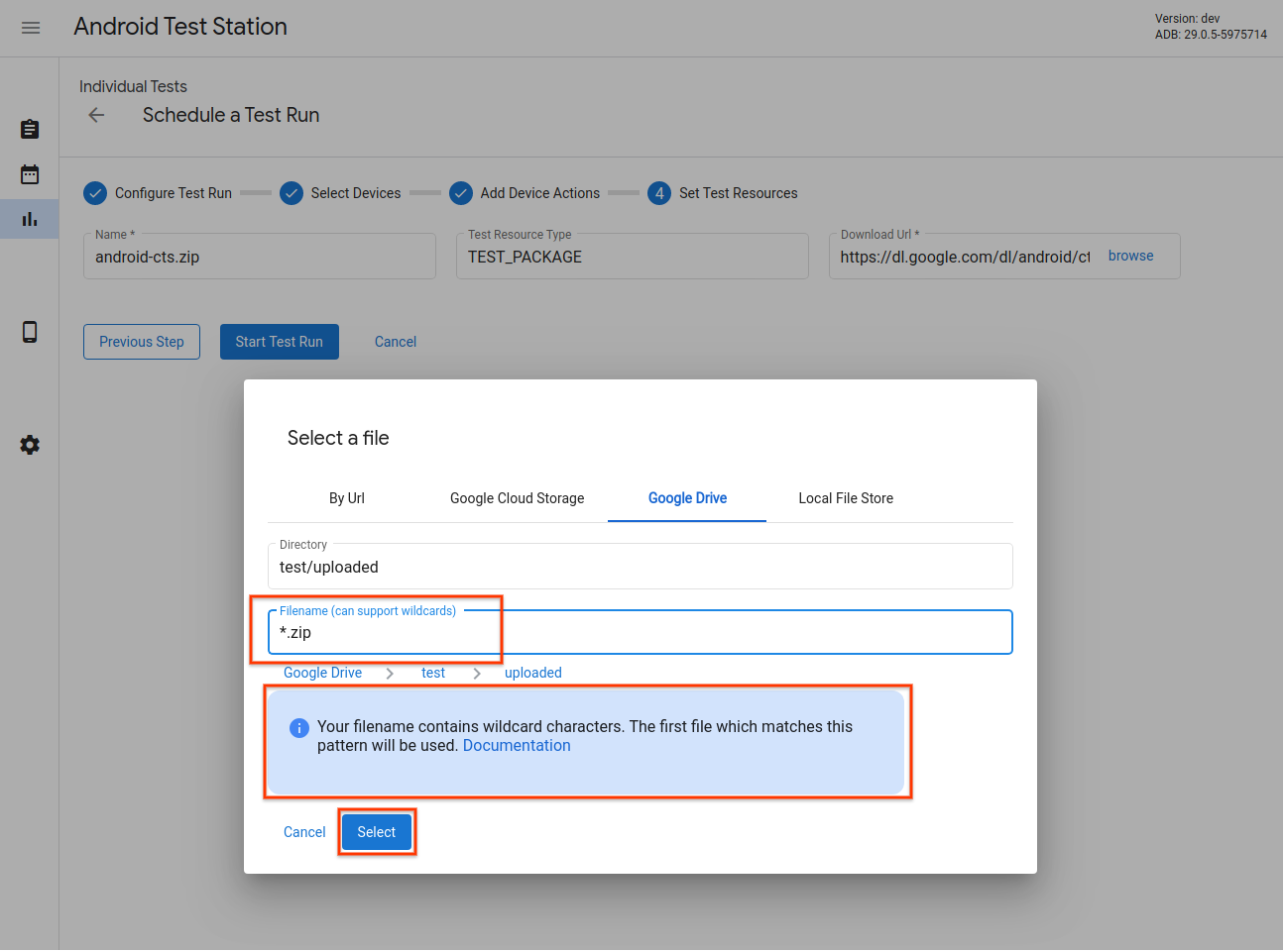 Selector de recursos de prueba - Compatibilidad con patrones de comodines