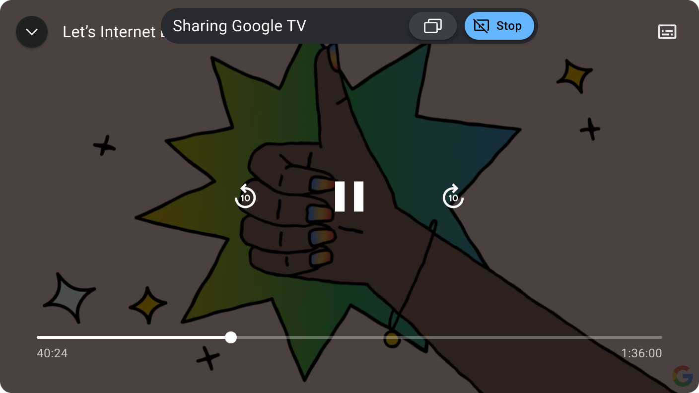 स्क्रीन शेयर करने की सुविधा का इस्तेमाल करके, किसी ऐप्लिकेशन को फ़्लोटिंग कंट्रोल के साथ दिखाया जा रहा है. इससे साथ मिलकर वीडियो देखने के सेशन को मैनेज किया जा सकता है.