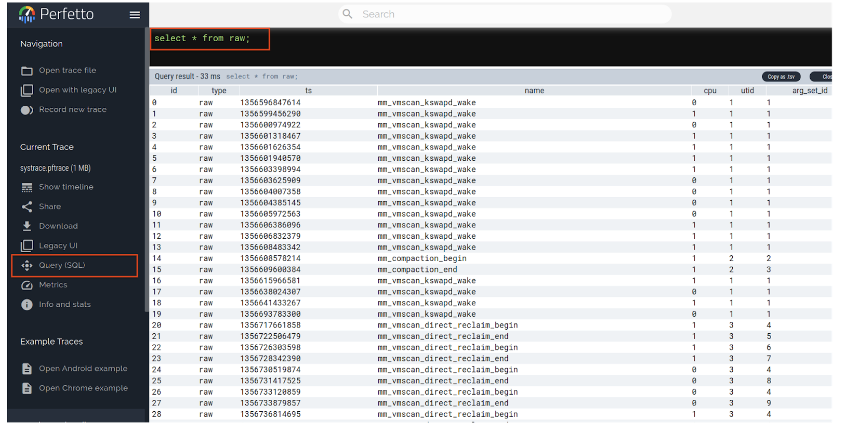 Tìm thẻ Query SQL (Truy vấn SQL) rồi nhấp vào để xem ftrace và mm_events được ghi lại và lập biểu đồ