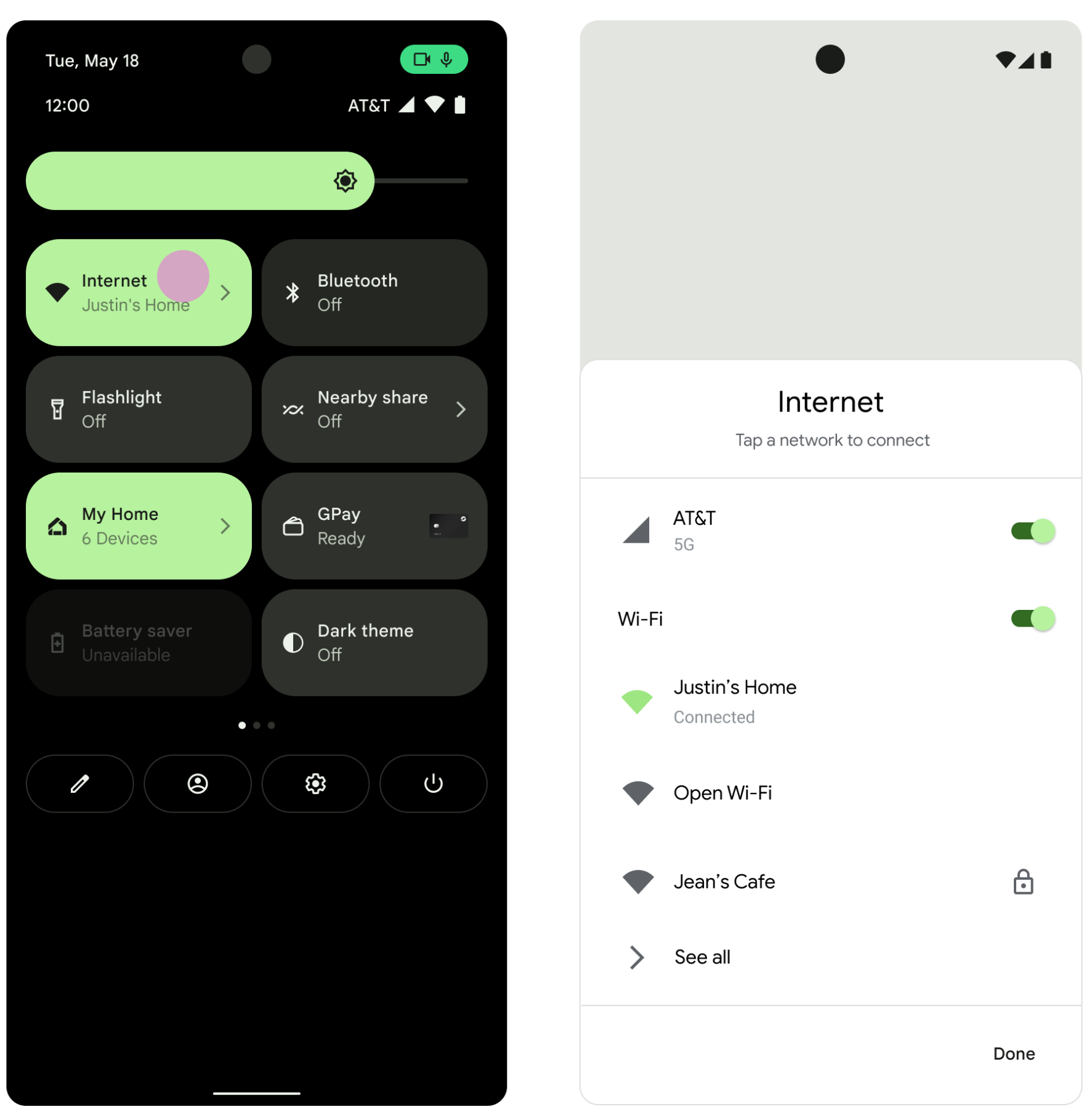 Ô Internet trong trình đơn Cài đặt nhanh