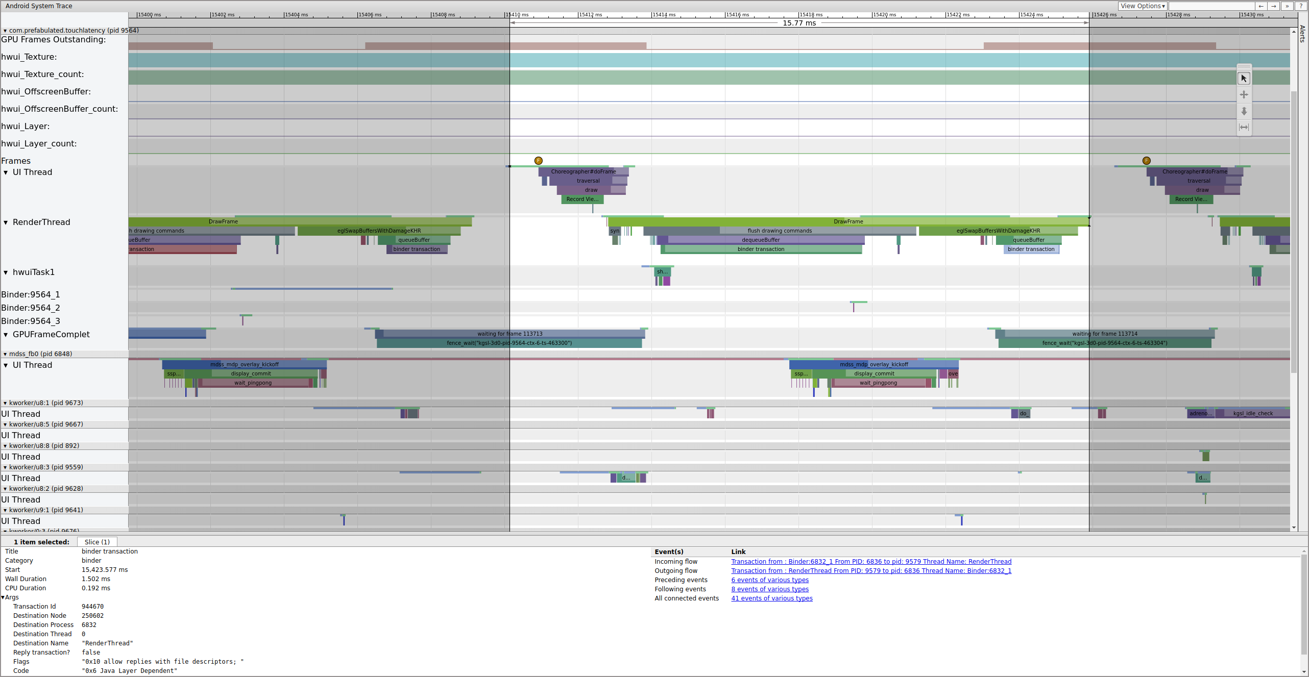Der UI-Thread wird geweckt, rendert einen Frame und stellt ihn für SurfaceFlinger zur Verfügung.