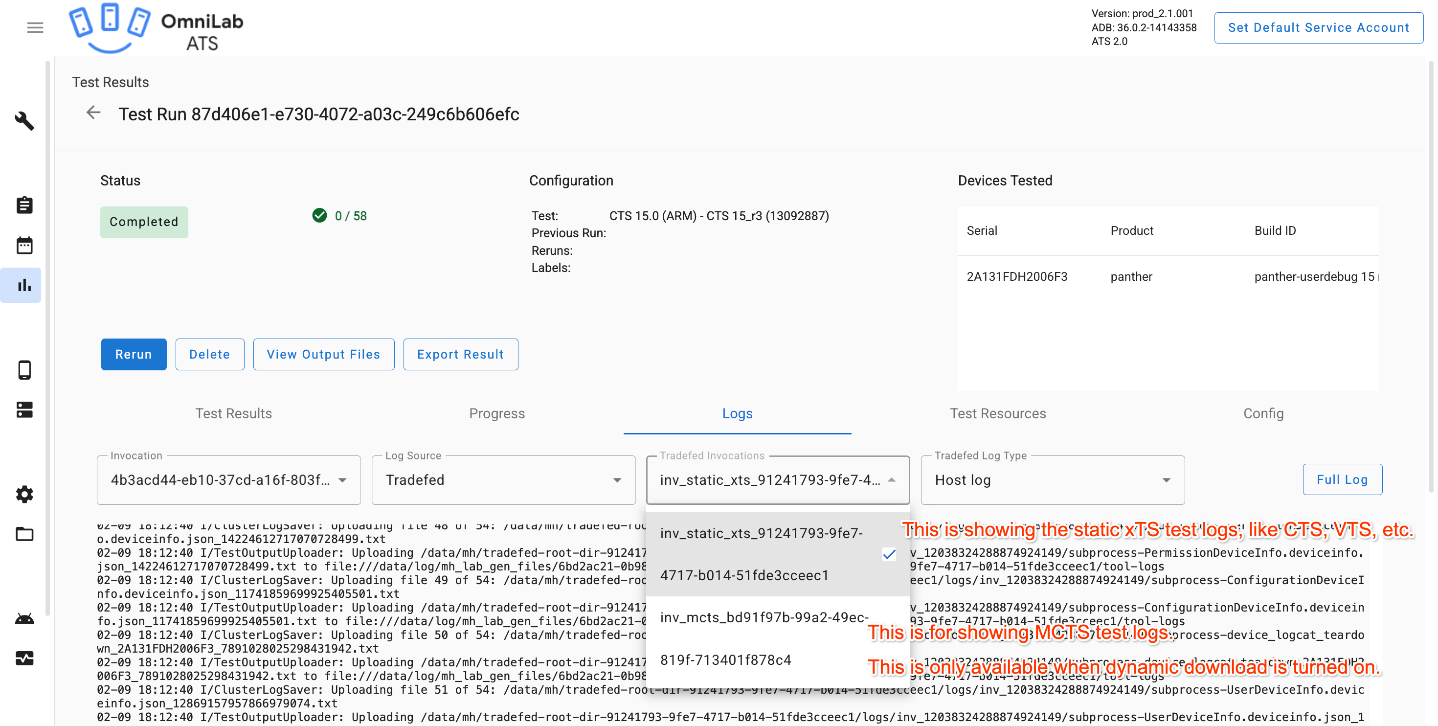 Logi MCTS w sekcji logów Tradefed