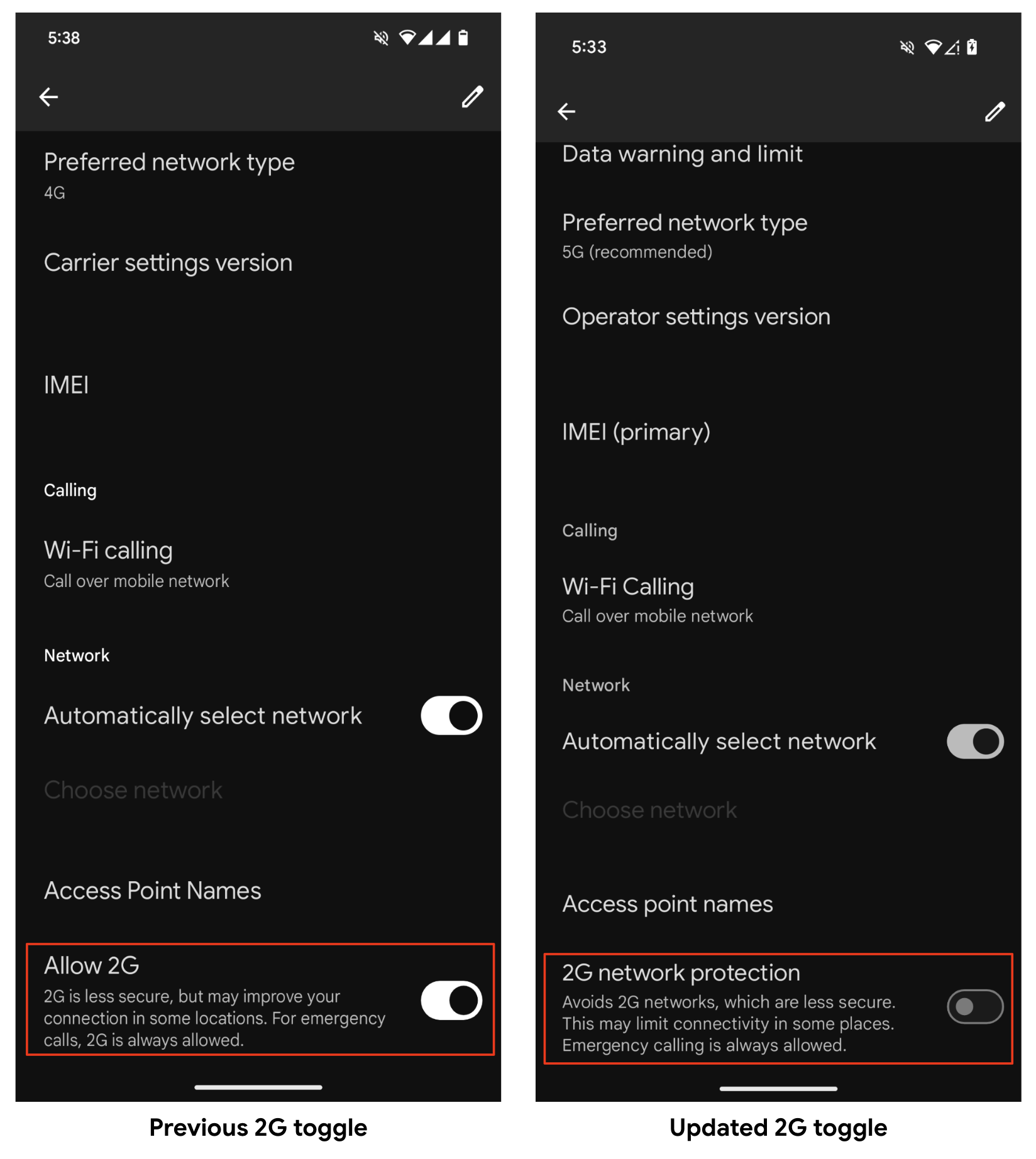 Botón de activación o desactivación de 2G en la configuración de la SIM