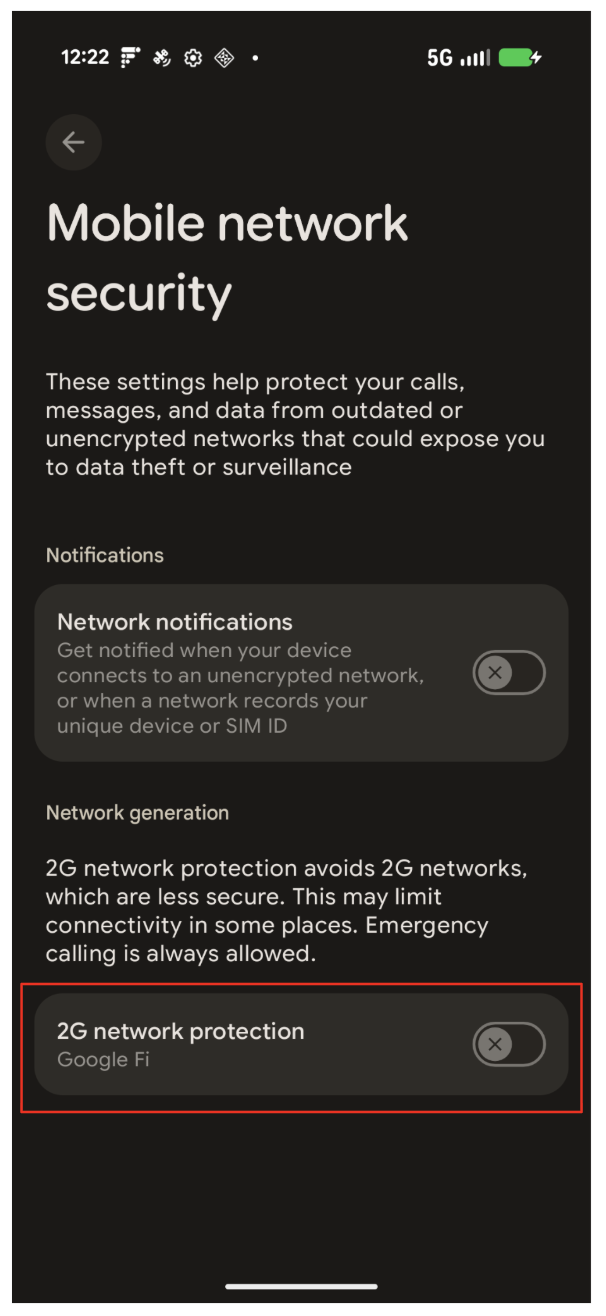 Palanca de activación de 2G en la sección Seguridad de redes móviles